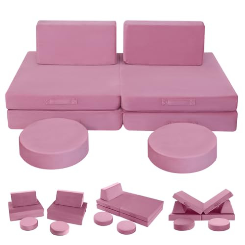 MeMoreCool 8-Piece Kids Modular Play Couch – Convertible Foam Sofa & Building Fort Set, Soft Plush Washable Toddler Furniture for Playroom, Creativity & Active Play, Dusty Rose Pink | Amazon (US)