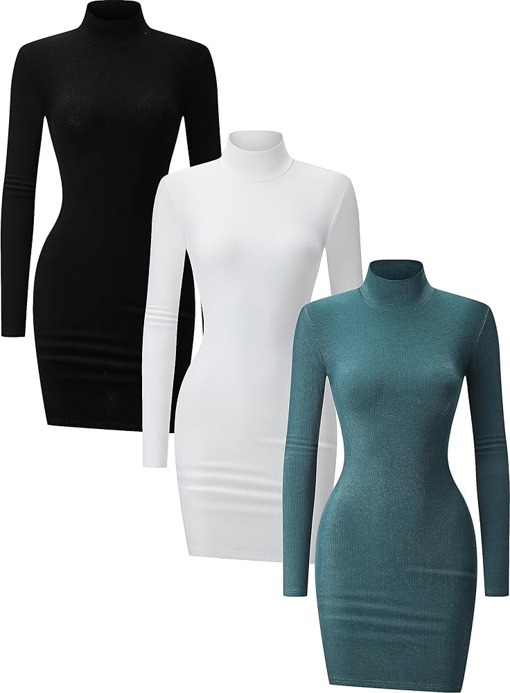 3 Pack Long Sleeve Dress for Women Turtleneck Crew Neck Slim Fit Fall Dresses Bodycon Mini Short ... | Amazon (US)