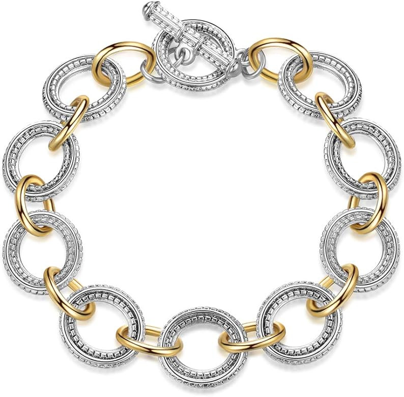 Link Bracelet for Women 2 tone Circles Chain Silver and Gold Wire Cable Bangle Designer Inspired ... | Amazon (US)