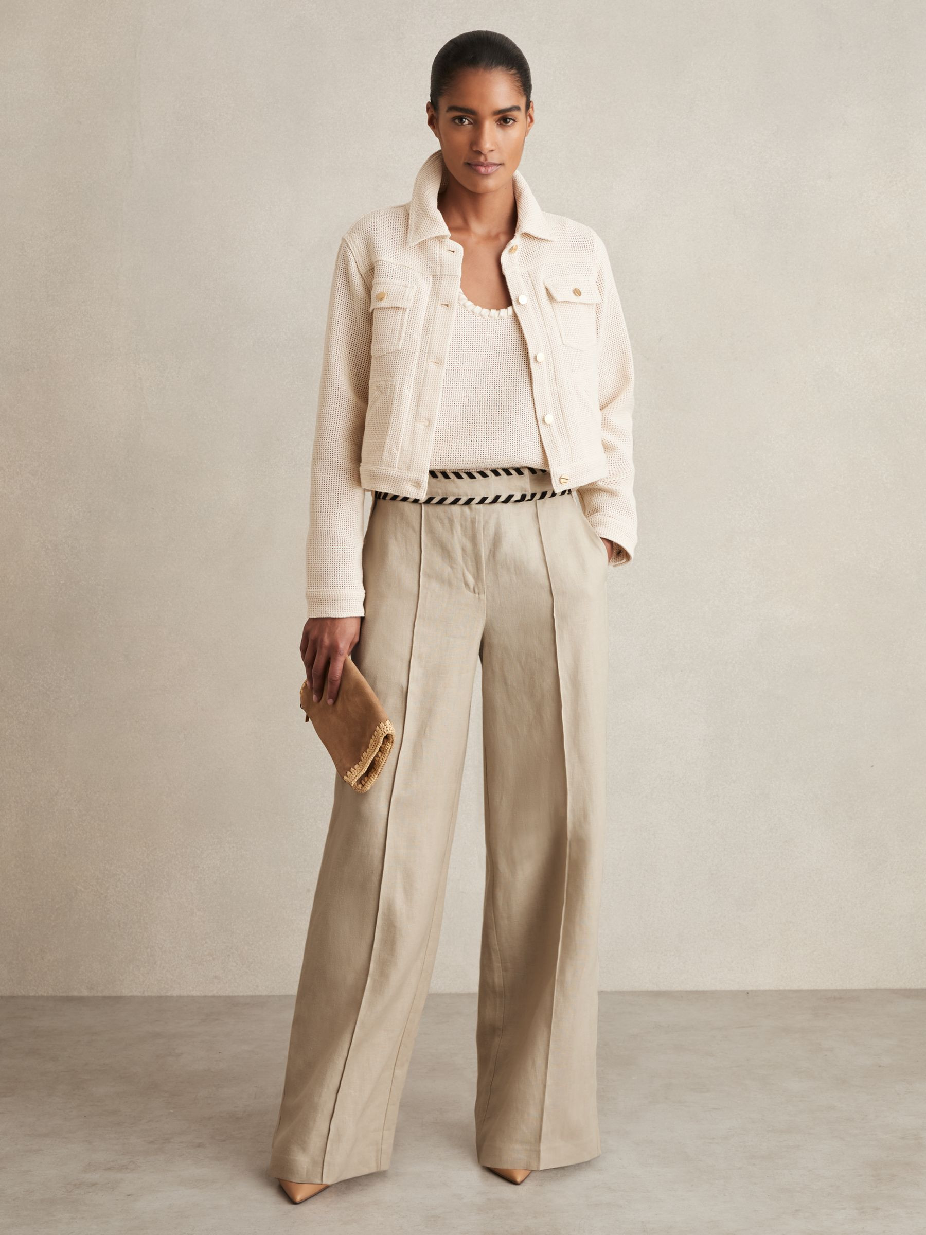 Reiss Linen Wide-Leg Whipstitch Trousers in Neutral | REISS | Reiss DE