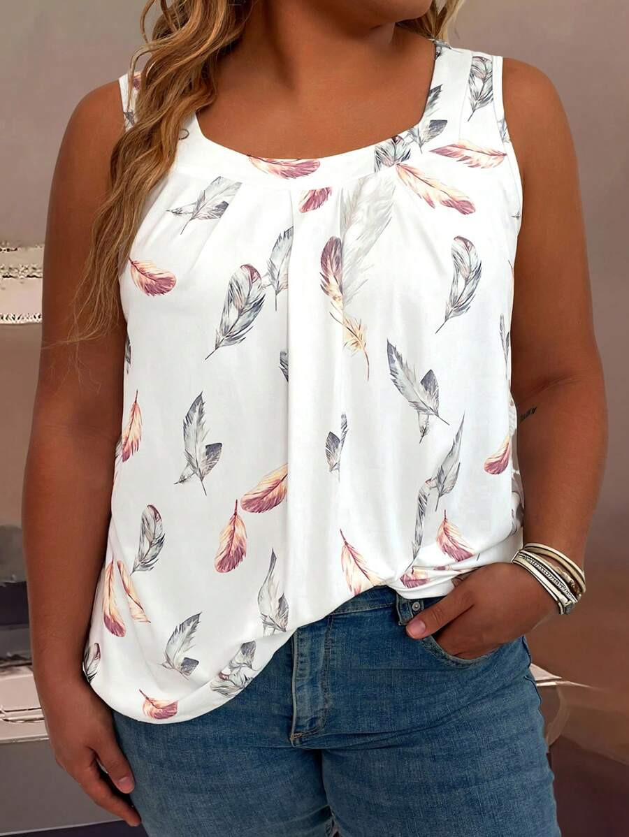 SHEIN CURVE+ Plus Size Women Feather Print Square Neck Sleeveless Top, Suitable For Summer Wear, ... | SHEIN
