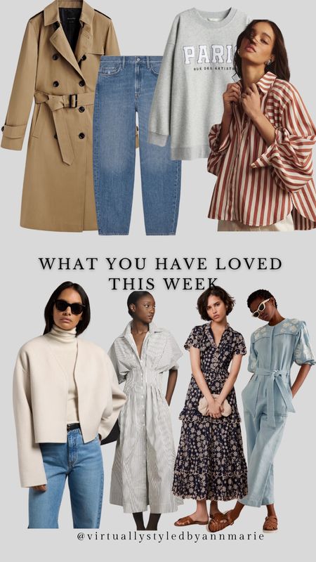 This weeks favourites 🫶🏻

Trench 
Jumpsuit 
Dresses
Barrel jeans 
Striped shirts