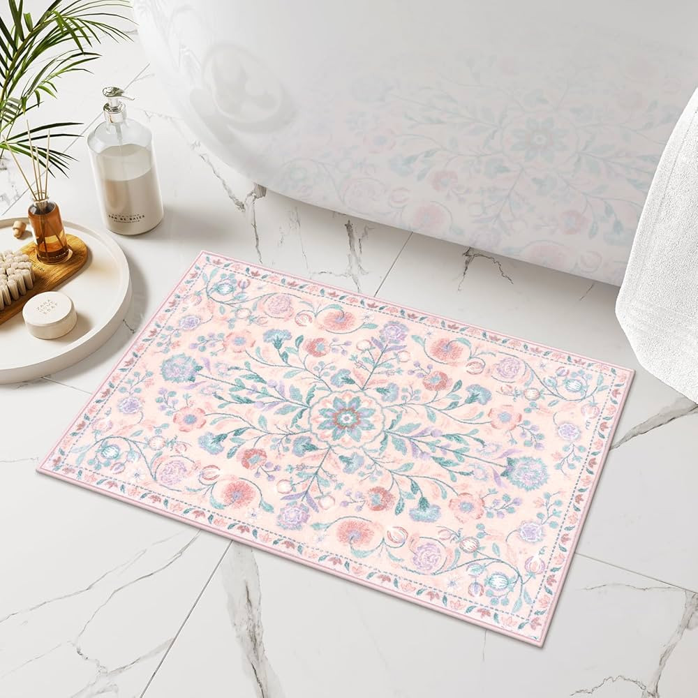 Uphome Pink Bathroom Rugs Vintage Boho Bath Mat Soft Shaggy Non-Slip Farmhouse Bath Rug Machine W... | Amazon (US)