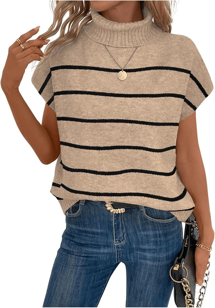WDIRARA Women's Striped Turtleneck Sweater Vest Cap Sleeve Pullovers Loose Oversized Knit Top | Amazon (US)