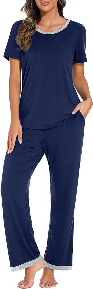 PrinStory 2024 Womens Pajama Set Short Sleeve Sleepwear Ladies Soft Pjs Lounge Set with Pockets | Amazon (US)