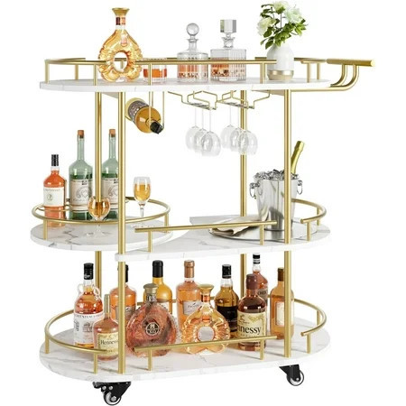 EastVita Gold Bar Cart,3 Tier Rotated Bar Cart with Wine Rack & Glass Holder,Bar Serving Cart with Wheels for Living Room Kitchen Dining Room,Gold | Walmart (US)