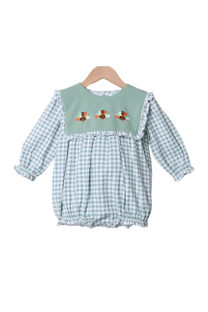 Embroidered Turkey Sage Green Gingham Bubble | The Smocked Flamingo
