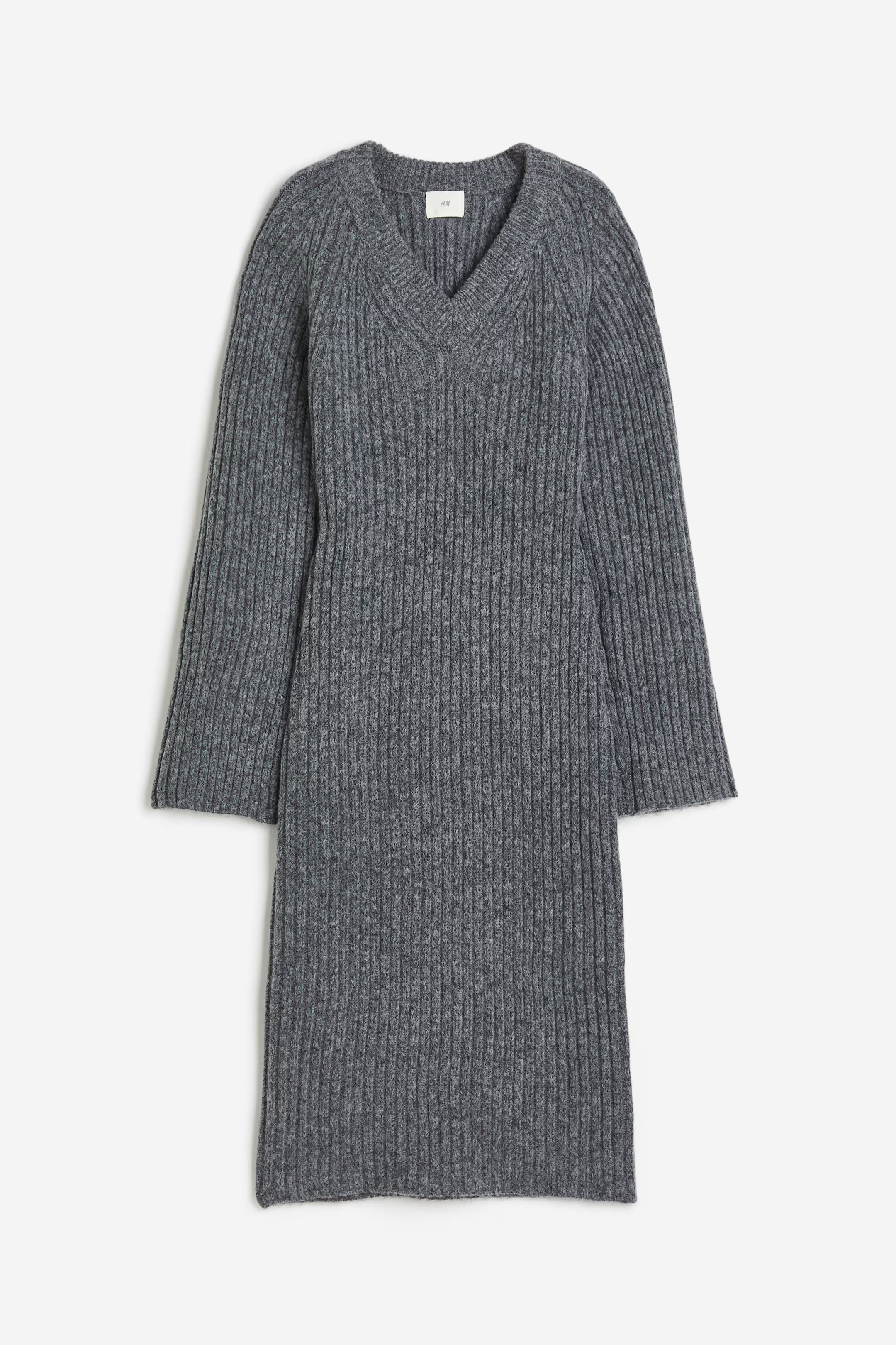 Rib-knit Dress - V-neck - Long sleeve - Gray melange - Ladies | H&M US | H&M (US + CA)