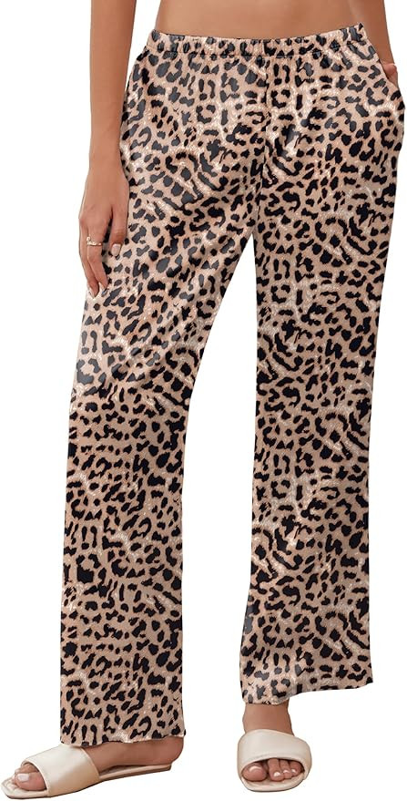 Ekouaer Womens Silk Satin Wide Leg Pajama Sleep Pants Casual Loose Soft Lounge Pants Elastic Wais... | Amazon (US)