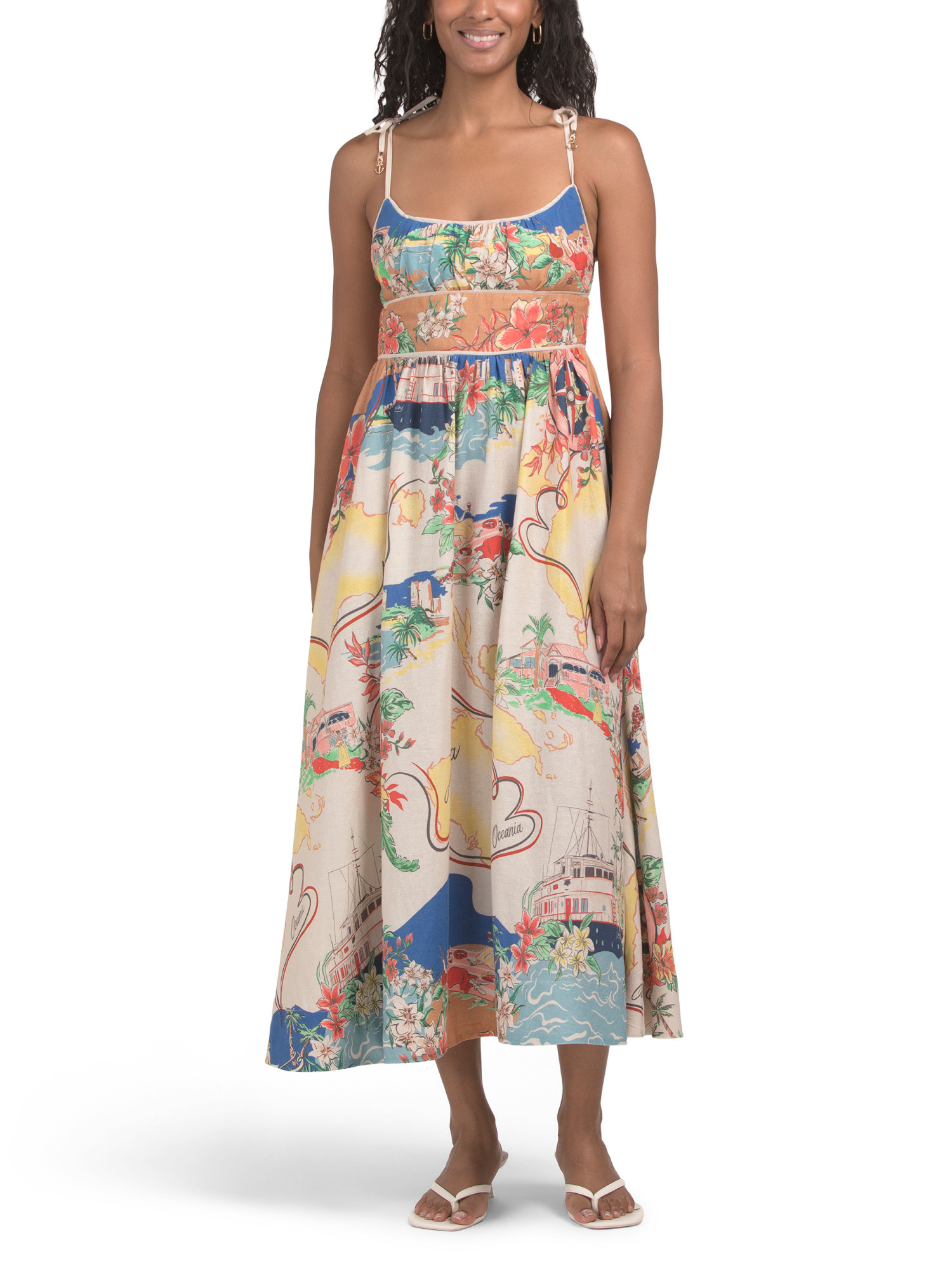 Linen Blend Pull On Printed Dress With Anchor Tipping | TJ Maxx
