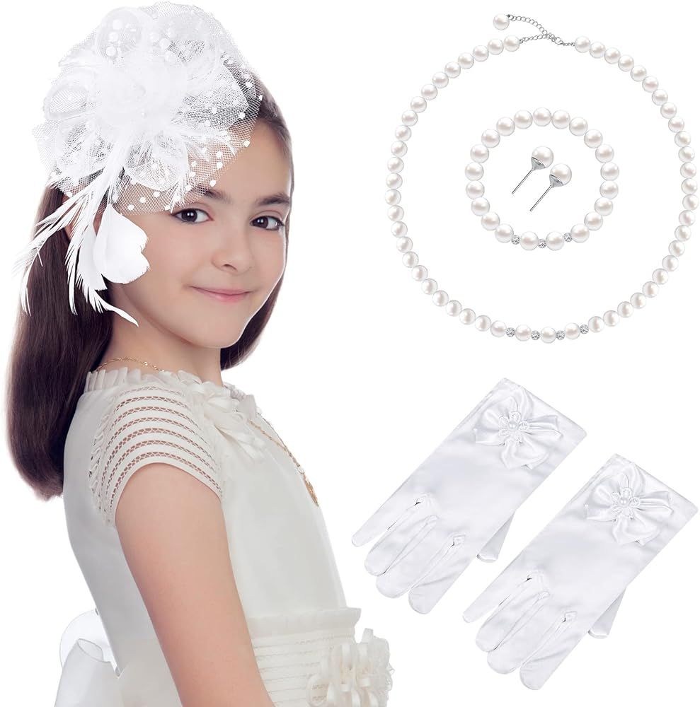 Junkin 5 Pcs Girls Tea Party Supplies Little Girls Gloves Hats Necklace Bracelet Earring Jewelry ... | Amazon (US)