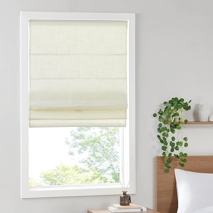 Madison Park Kyler Cordless Roman Shades - Single Panel, Lightweight Linen Blend Fabric, Natural ... | Amazon (US)