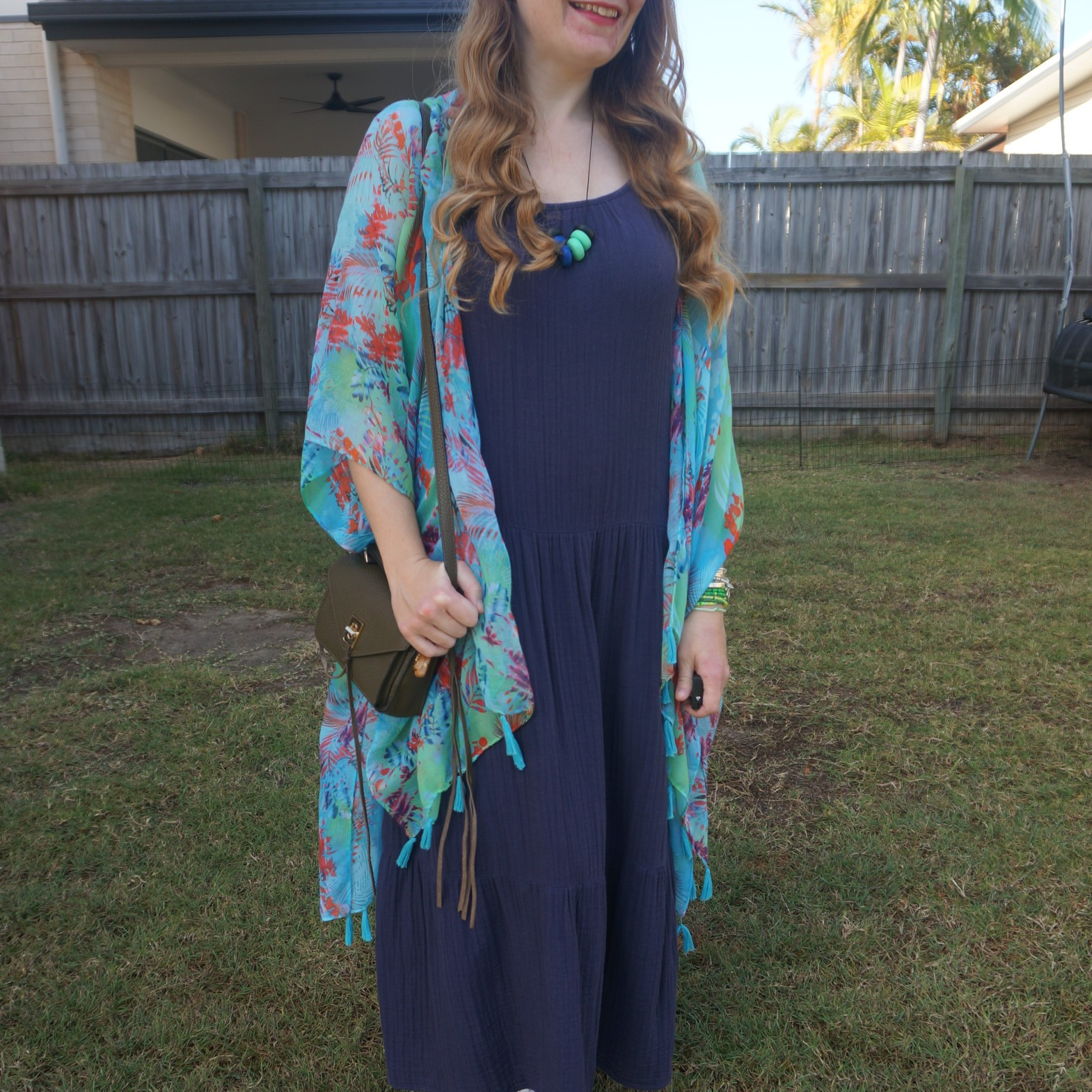 Anko Kmart navy tiered maxi dress with tropical palm print kimono and olive Rebecca Minkoff micro Darren bag 💙💚

#LTKaustralia #LTKspring #LTKbag