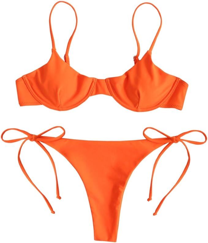 ZAFUL Women's Underwire Push Up Balconette Tie Side String Bikini Set Swimsuit | Amazon (US)