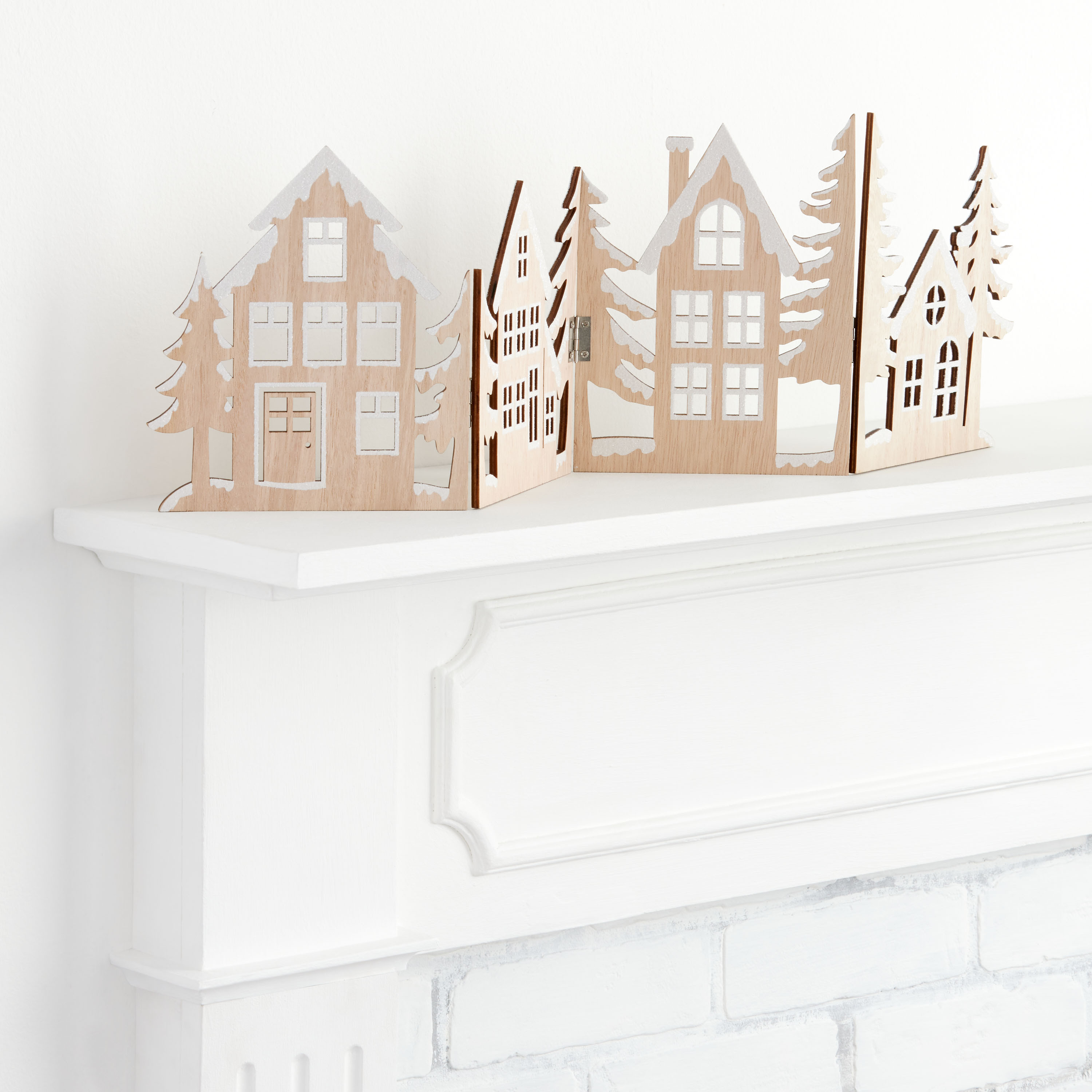 Natural Laser Cut Wood Panel Winter Cottage Tabletop Decor | World Market