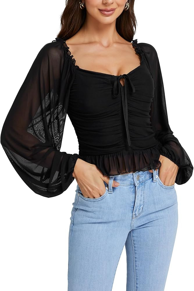 LYANER Women's Sweetheart Neck Self Tie Knot Shirred Back Mesh Lantern Long Sleeve Blouse Shirt T... | Amazon (US)