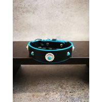 Turquoise Studs Small Dog Black Leather Collar, Flower Conchos Collar For Dogs & Medium Breeds | Etsy (US)