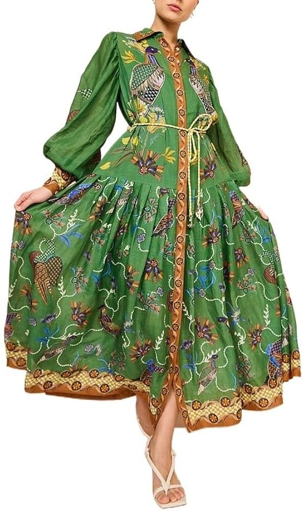 2023New 2023 Autumn Print Cardigan Print Swing Long Sleeve Dress Women (Color : Blue, Size : M) | Amazon (US)