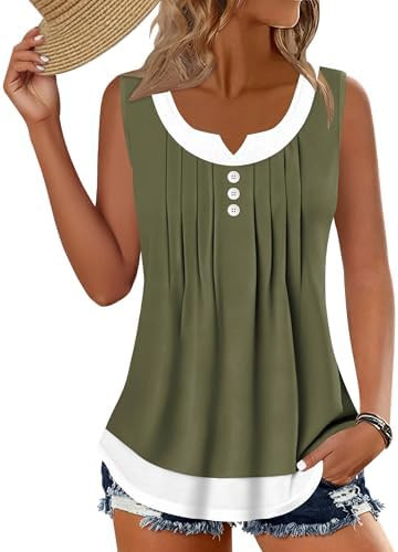 Womens Summer Tops Casual Scoop Neck Button Pleated Sleeveless Shirts Loose Fit Trendy Blouses | Amazon (US)