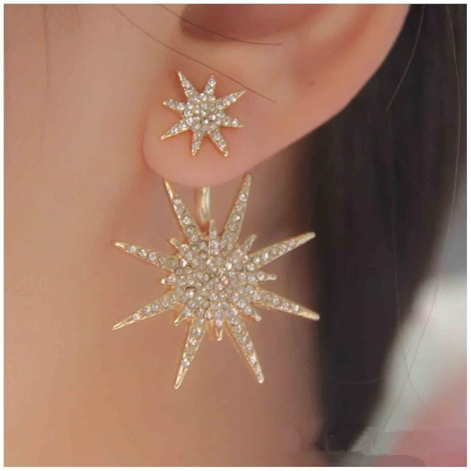 Amazon.com: Yheakne Starburst Jacket Earrings Gold Rhinestone Sun Earrings Front Back Studs Earri... | Amazon (US)