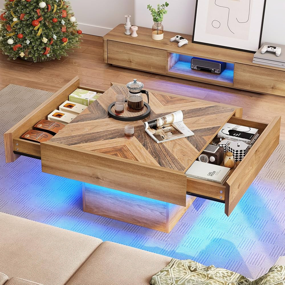 YITAHOME Farmhouse Coffee Tables Square Coffee Table for Living Room Wood LED Coffee Table with S... | Amazon (US)