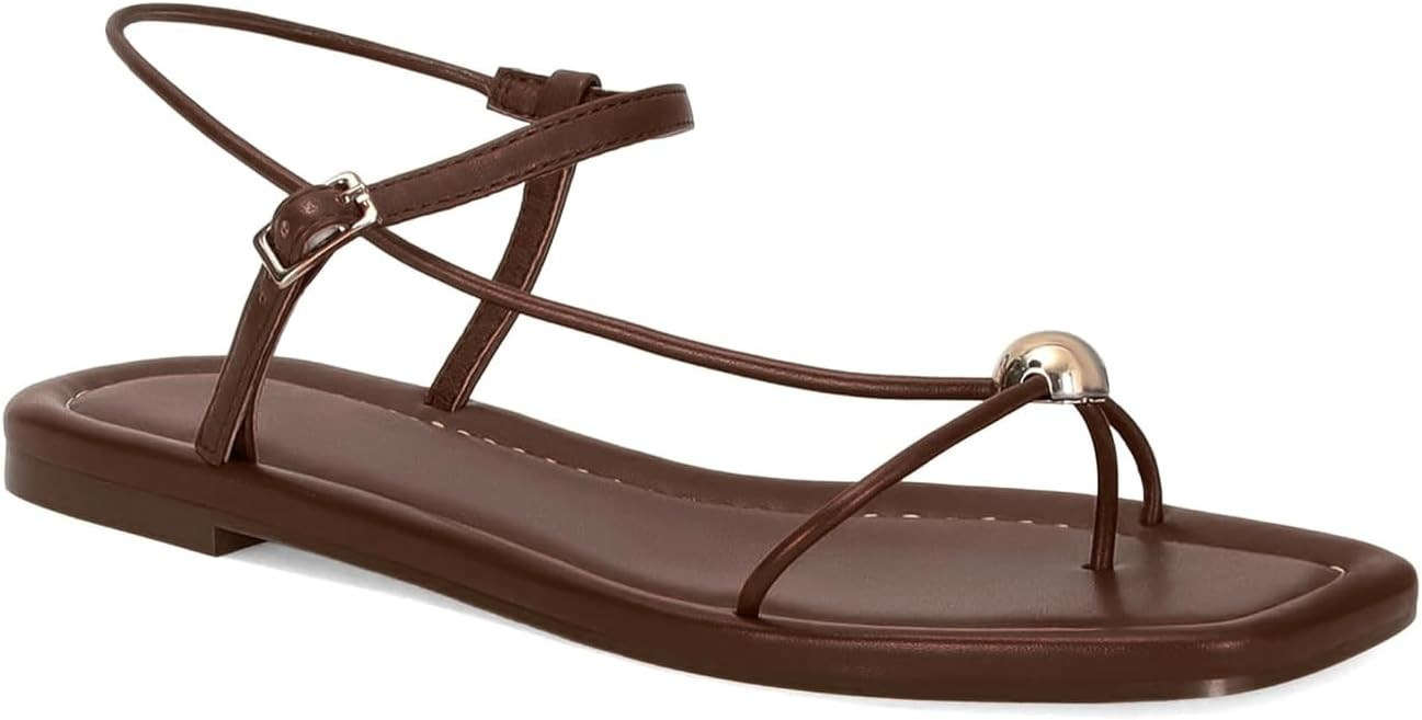 Black Strappy Flat Sandals for Women Comfortable Open Square Toe Sandals Dressy Beach Thong Flip ... | Amazon (US)