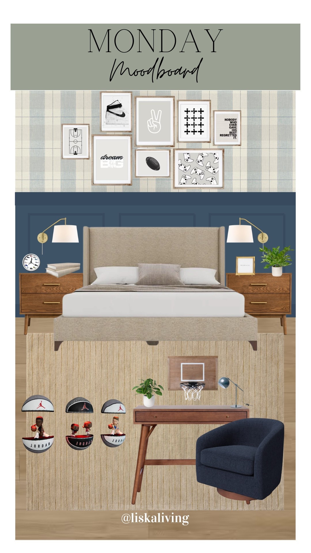 ✨MONDAY MOODBOARD - TEEN BOY ROOM✨

Okay, first off, can we just talk about this song for a second?! I am obsessed and listen to this part just to dance my head off and get myself in a good mood. You can’t hear it and not get amped up! Just a little pro tip 😏

But anyway about the room 😜 I brought in some darker woods in here, giving it a bit of a more masculine feel. And how fun are these basketball displays?! I would totally put some sweet kicks on display. 👟 I love the rich blue paint color (Hudson Bay by @benjaminmoore) and this fun wallpaper. It’s a little more grown up, but so classic!
.
.
.
.
.
#mondaymoodboard #moodboardaccount #moodboardinterior #moodboardpage #moodboardinspiration #designboard #interiordesign #homestyling #homestylinginspo #boystyle #boyroom #teenboy #bedroomdesign #teenboyroom #boyroomdecor 

#LTKHome #LTKStyleTip #LTKKids