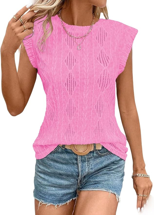 SHEWIN Women's Summer Tops Casual Crewneck Cap Sleeve Shirts Lightweight Crochet Knit Texture Tan... | Amazon (US)
