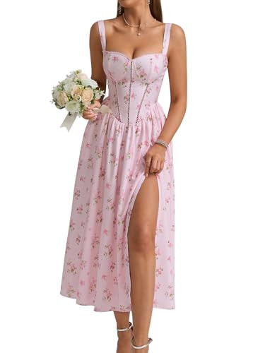 KUTUMAI Floral Corset Midi Dress Flowy Slit Summer Spring Wedding Guest Dresses for Women Sundress with Pockets PF M | Amazon (US)
