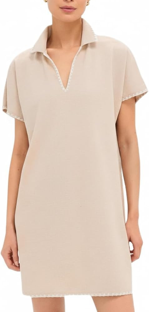 VAOYIU Women Polo Shirt Dress with Contrast RIC Rac Trim Loose Fit Lapel V Neck Short Sleeve Mini... | Amazon (US)