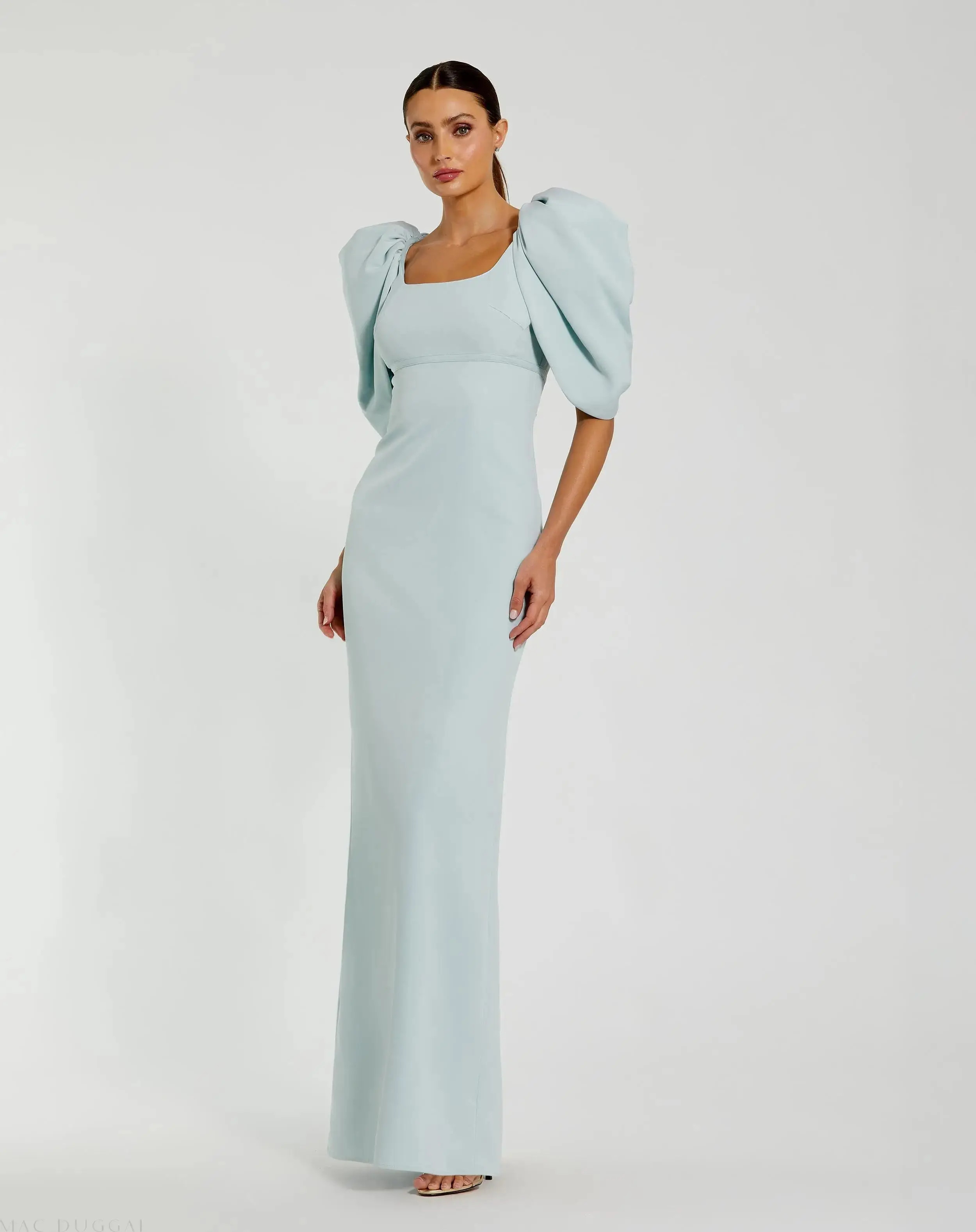 Blue Fitted Crepe Square Neck Gown With Puff Sleeves | Mac Duggal