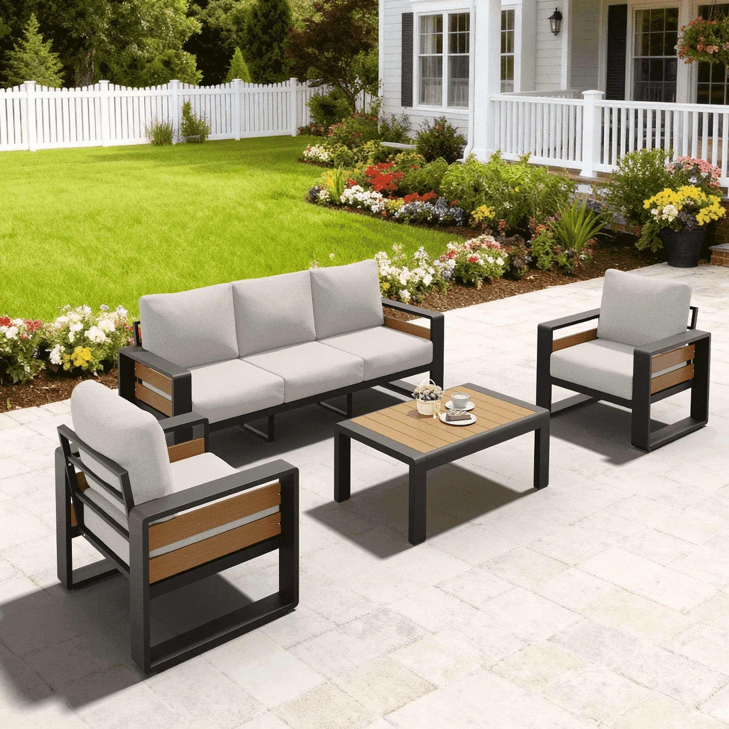 LazySunsets 4-Piece Outdoor Metal Conversation Set, Aluminumn Patio Sectional Sofa Chat Seating Sets, Light Gray - Walmart.com | Walmart (US)