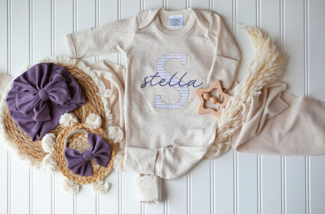 Personalized Baby Girl Romper and Hat Set, Purple Beige Infant Coming Home Outfit, Baby Shower Gi... | Etsy (US)