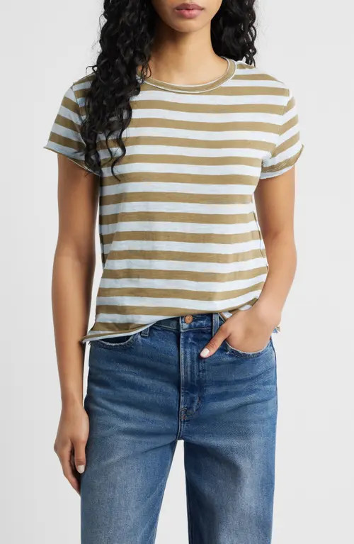 Free People Nora Stripe Linen & Cotton T-Shirt in Green Combo at Nordstrom, Size Medium | Nordstrom
