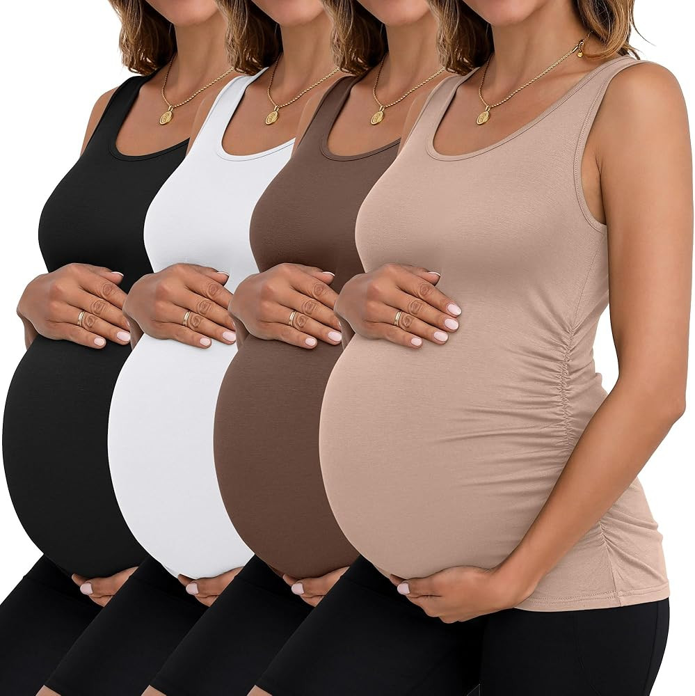Ficerd 4 Pack Women's Maternity Tank Tops Sleeveless Side Ruched Top Crew Neck Casual Pregnancy T... | Amazon (US)