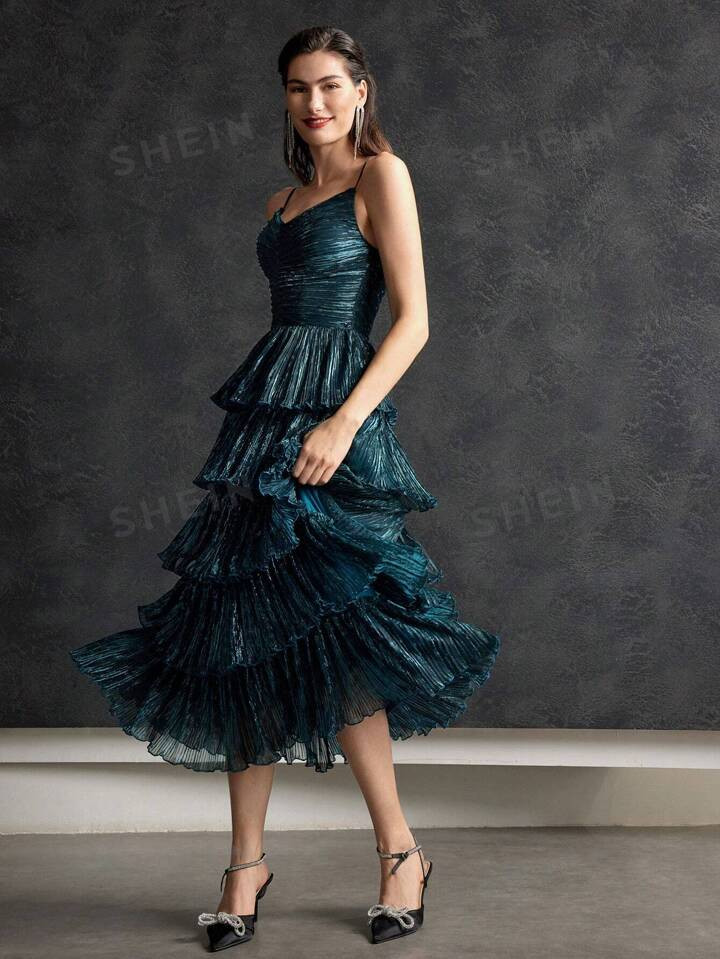 MOTF PREMIUM METALLIC PLISSE TIERED DRESS | SHEIN