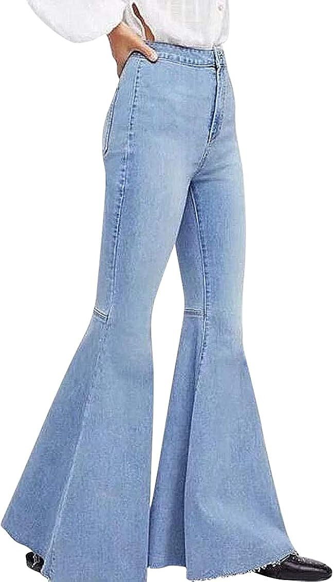 Women's Fashion Bell Bottom Pants High Waist Tassel Stretch Curvy Fit Jeans Blue | Amazon (US)