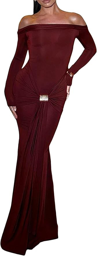 Unybwonn Sexy Off Shoulder Maxi Dress for Women Bodycon Stretchy Long Sleeve Wrap Dresses Party C... | Amazon (US)