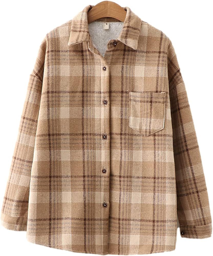 Shiyifa Women's Fleece Plaid Flannel Shirt Long Sleeve Sherpa Lined Button Down Tops Jacket | Amazon (US)