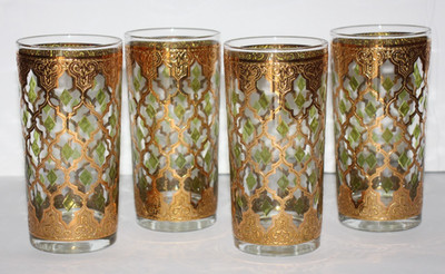 VTG Set 4 Culver Valencia Arcoroc France Glasses Tumblers 22K Gold & Green Trim | eBay CA