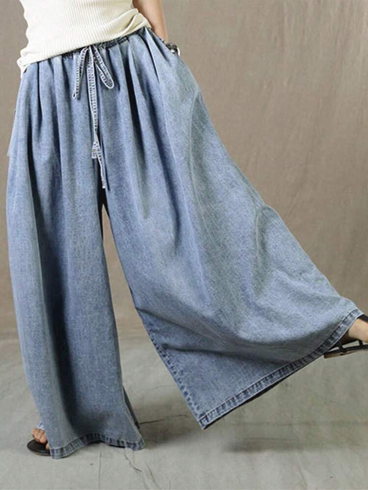 Women's Loose Wide Leg Jeans With Drawstring Waistband And Pockets, Comfortable Casual Pants Suitable For Daily Wear, Comfortable And Practical, Suitable For All Seasons | SHEIN