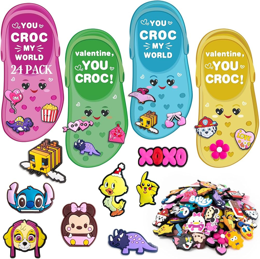 Valentines Day Gifts for Kids - 24 Pack Valentines Cards with 100 Croc Charms Kit - Valentine Exc... | Amazon (US)