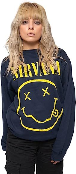 Nirvana Sweatshirt Yellow Smiley Band Logo Official Unisex Navy Blue | Amazon (US)