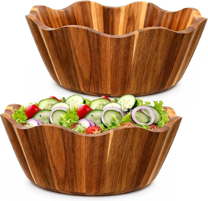 Ferrochef 2 Pcs Large Wood Salad Bowls 12inch Scalloped Decorative Acacia Wooden Mixing Bowls Han... | Amazon (US)