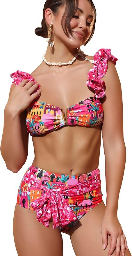 SPORLIKE Women High Waisted Swimsuit Flounce Straps Bikini Bathing Suit | Amazon (US)