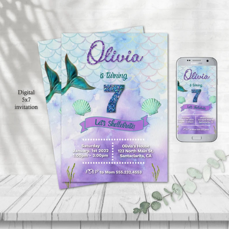 Mermaid Girls Party Invitation Mermaid Tail Purple and Green | Etsy | Etsy (US)