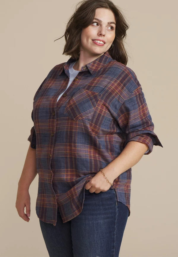 Plus Size Cabin Plaid Boyfriend Tunic Button Down Shirt | Maurices