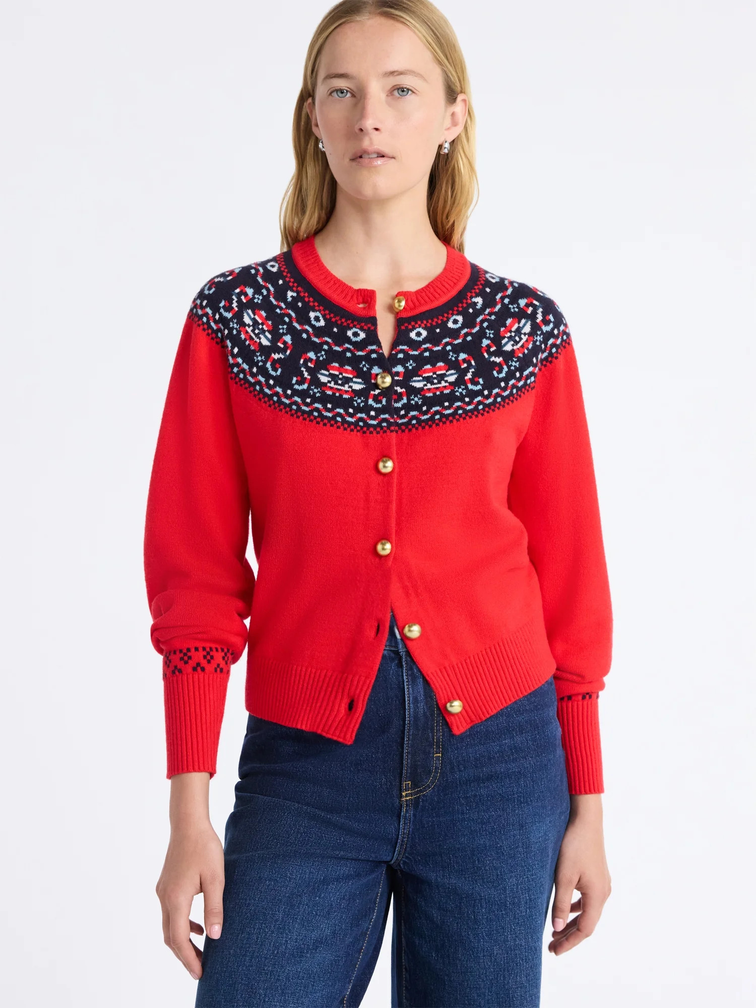 Free Assembly Women's Cozy Yarn Fair Isle Cardigan Sweater, Midweight, Sizes XS-XXL | Walmart (US)