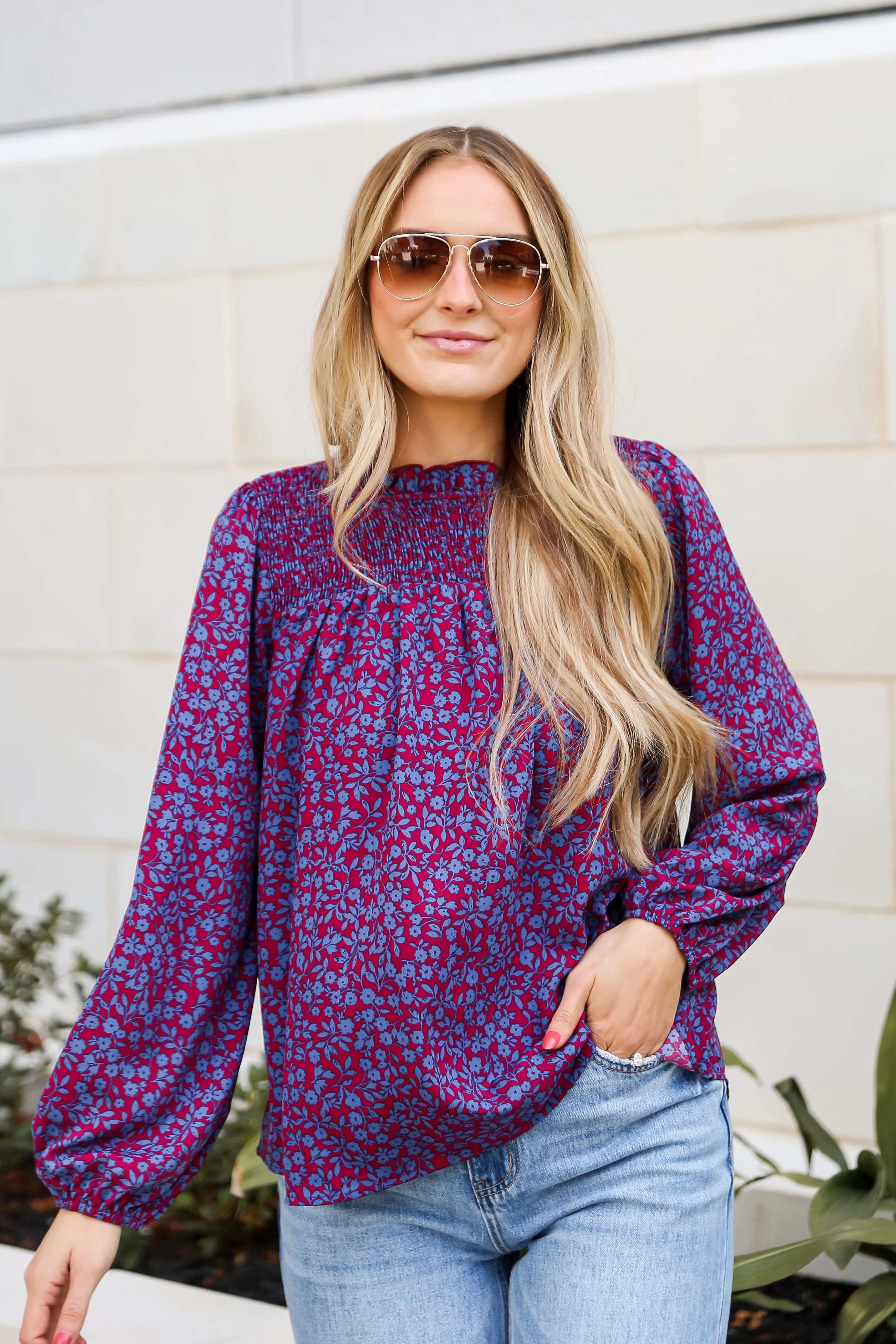 Radiantly Cute Burgundy Smocked Floral Blouse | Dress Up