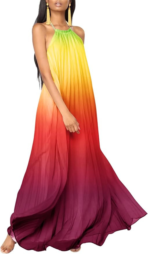 Paintcolors Women's Halter Sleeveless Long Maxi Dress Backless Casual Loose Ombre Summer Beach Ch... | Amazon (US)